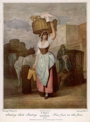 A woman balancing a large basket of fruit on her head cries 'Scarlet strawberries' for sale. Date 1795.